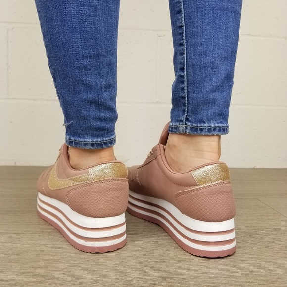 Glittery Pink & White Chunky Platform Sneakers - Picture 3 of 8